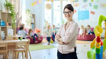 ai generado mujer en pie en habitación lleno de niños. generativo ai. foto