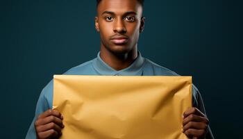 AI generated Confident businessman holding packet, smiling, looking at camera generated by AI photo