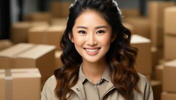 AI generated Smiling businesswoman, confident and cheerful, working in shipping industry generated by AI photo