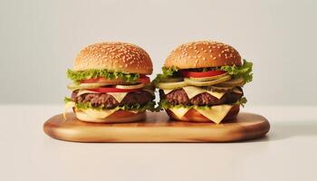 AI generated Grilled beef burger with cheese, tomato, and fresh vegetables generated by AI photo