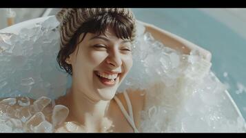 AI generated Cheerful Woman Smiling and Laughing in Bathtub. Generative AI. photo