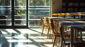 ai generado moderno salón de clases con mesa, sillas, y vaso puerta. generativo ai. foto