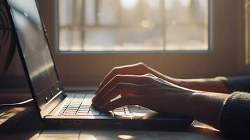 AI generated Person Typing on Laptop in Front of Window. Generative AI. photo