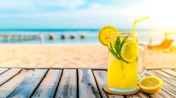 AI generated Refreshing Lemonade on Wooden Table. Generative AI. photo