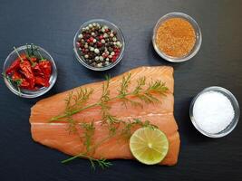 Fresco salmón filete con hierbas y especias foto