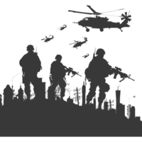 AI generated silhouette of a modern war situation black color only png