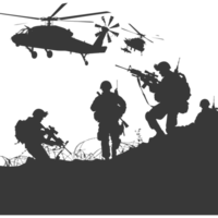 AI generated silhouette of a modern war situation black color only png