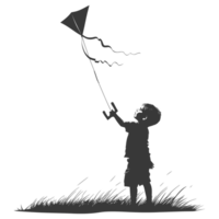 AI generated Silhouette little boy playing kite black color only png