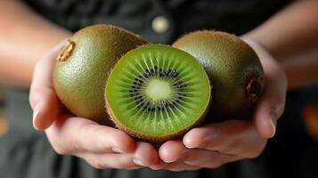 AI generated Holding fresh organic kiwi fruit photo