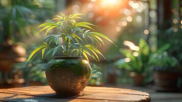 AI generated A small hemp plant in a pot on a wooden table photo