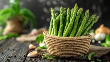 ai generado Fresco espárragos vegetal en un de madera mesa foto