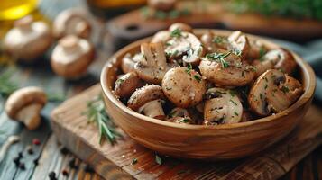 AI generated Fresh mushrooms in a bowl on a wooden table photo