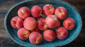 ai generado Fresco orgánico melocotón Fruta en un plato en un mesa foto