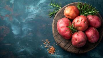 AI generated Fresh potatoes on a wooden board photo