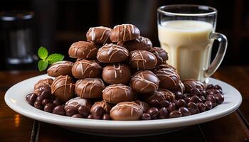 ai generado gastrónomo postre en madera mesa chocolate trufa indulgencia generado por ai foto