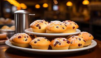 AI generated Freshly baked chocolate chip muffin on wooden table generated by AI photo