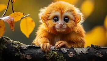 AI generated Cute monkey sitting on branch in green forest generated by AI photo