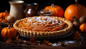 AI generated Homemade pumpkin pie, sweet indulgence on rustic table generated by AI photo