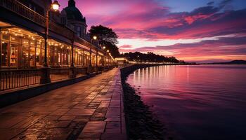 ai generado ciudad horizonte iluminado por atardecer, reflejando en agua generado por ai foto