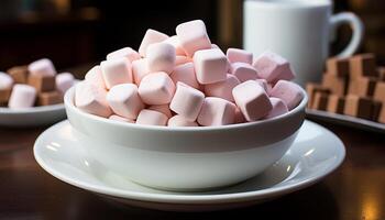 AI generated Fluffy marshmallow dessert on pink table, sweet and gourmet generated by AI photo