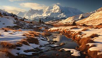AI generated Majestic mountain peak, tranquil scene, frozen water, panoramic winter generated by AI photo