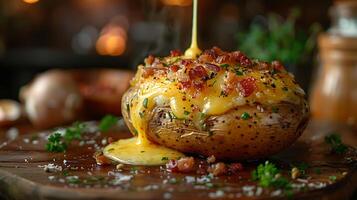 AI generated Loaded baked potato on a wooden table close up view photo