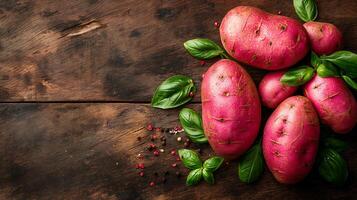 AI generated Fresh sweet potatoes on a wooden table photo