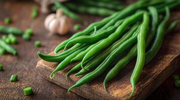 AI generated Fresh green beans on a wooden table photo