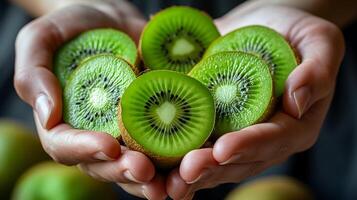 AI generated Holding fresh organic kiwi fruit photo