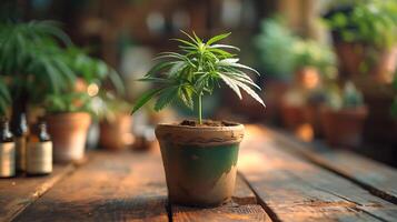 AI generated A small hemp plant in a pot on a wooden table photo