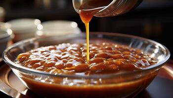 AI generated Freshness pouring in, sweet dessert bowl with honey and chocolate generated by AI photo