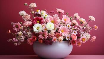 ai generado un hermosa ramo de flores de rosado y púrpura flores en un florero generado por ai foto