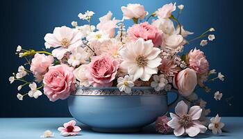 ai generado un hermosa ramo de flores de rosado y púrpura flores en un mesa generado por ai foto