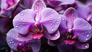 ai generado púrpura orquídea pétalo, mojado con Rocío, en un tranquilo jardín generado por ai foto