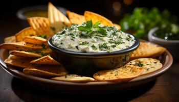 AI generated Fresh guacamole dip in a rustic wooden bowl generated by AI photo