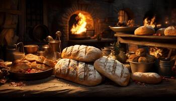 AI generated Rustic homemade bread baked in wood fired oven generated by AI photo