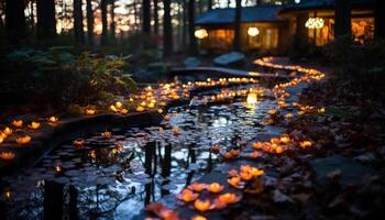 AI generated Autumn tree illuminated by lanterns in tranquil forest generated by AI photo
