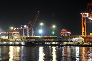 A large ship is docked at a pier with a large crane in the background photo