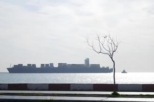 A large ship is sailing in the distance photo