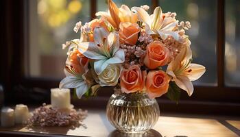 AI generated Elegant bouquet decorates table, bringing nature indoors with freshness generated by AI photo