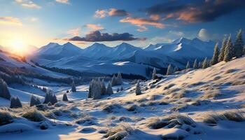 AI generated Snow covered mountain peak in winter, a tranquil scene of beauty generated by AI photo