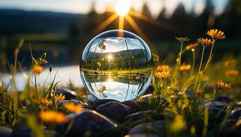 ai generado brillante verde esfera refleja luz de sol en transparente vaso material generado por ai foto