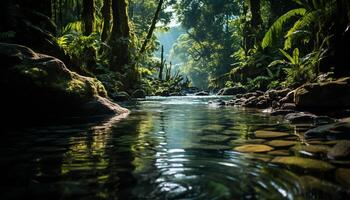 ai generado tranquilo tropical selva, verde arboles reflejar en fluido agua generado por ai foto