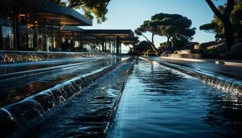 AI generated Nighttime reflection of modern city buildings in a swimming pool generated by AI photo