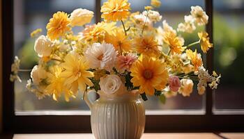 AI generated Freshness of summer in a bouquet on a wooden table generated by AI photo