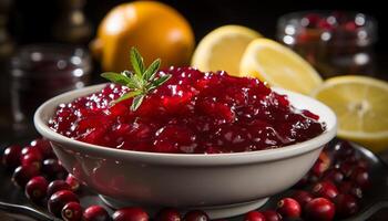 AI generated Fresh, ripe berries on wooden bowl, a healthy summer snack generated by AI photo