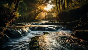 AI generated Tranquil scene sunset over forest, flowing water brings freshness generated by AI photo