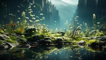 AI generated Underwater plant reflects green beauty in nature, summer fish swim generated by AI photo