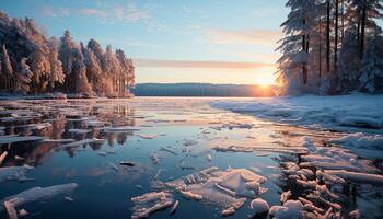 AI generated Winter landscape snow covered forest, frozen pond, tranquil sunrise generated by AI photo