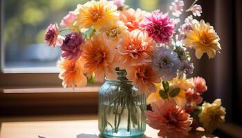 ai generado un hermosa ramo de flores de flores en un rústico de madera mesa generado por ai foto